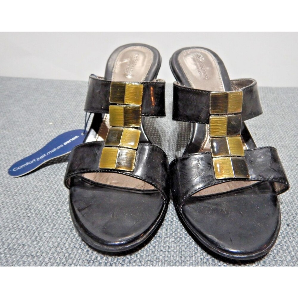 Naturalizer Women’s Black Patent Slide Sandals Gold Squares Wedge Size 7M